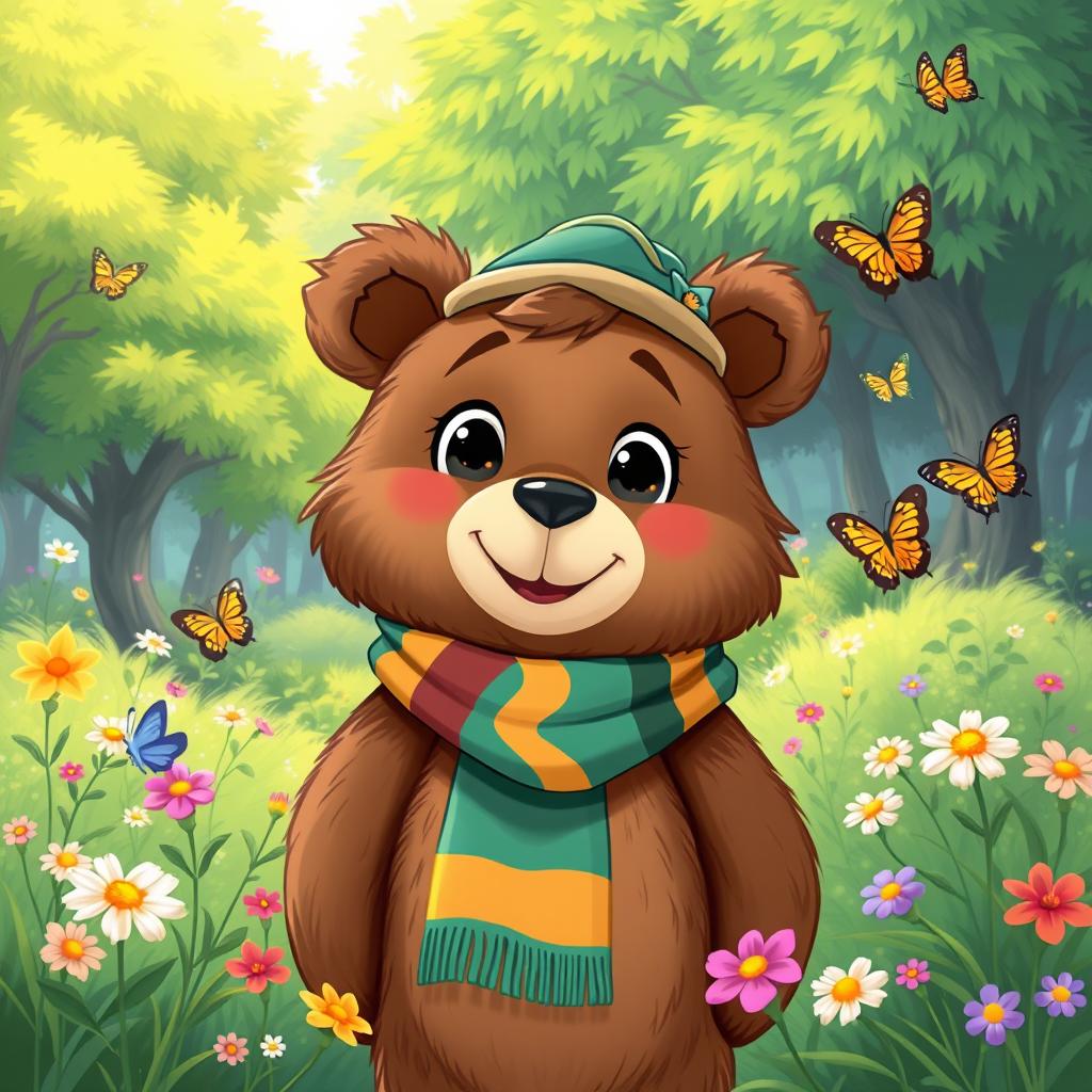 A cute, anthropomorphic bear named Hussain, wearing a colorful scarf and a little hat, standing in a vibrant forest