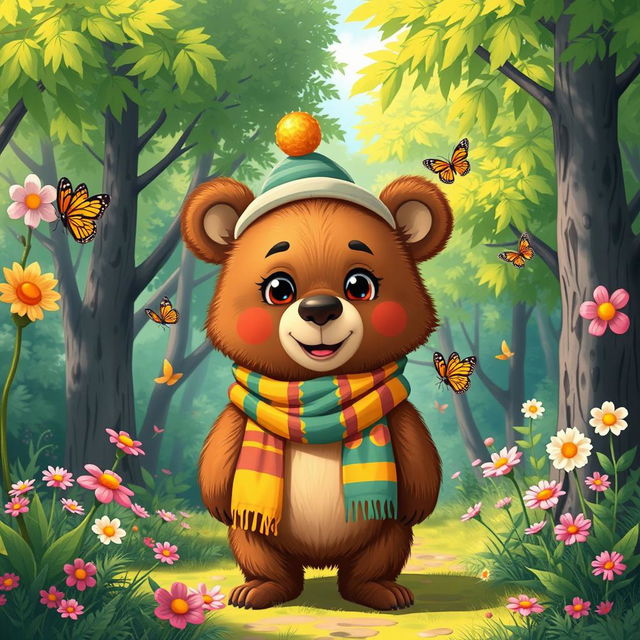 A cute, anthropomorphic bear named Hussain, wearing a colorful scarf and a little hat, standing in a vibrant forest