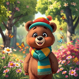 A cute, anthropomorphic bear named Hussain, wearing a colorful scarf and a little hat, standing in a vibrant forest