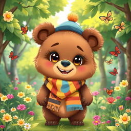 A cute, anthropomorphic bear named Hussain, wearing a colorful scarf and a little hat, standing in a vibrant forest