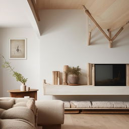 A cosy, minimalistic living room featuring few but essential pieces of furniture with calm subtle tones.