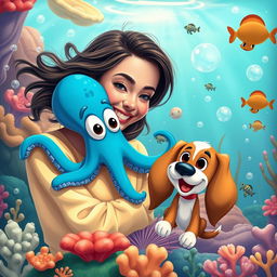 A vibrant scene depicting a young woman in a whimsical underwater world inspired by the cartoon Oswald the Octopus