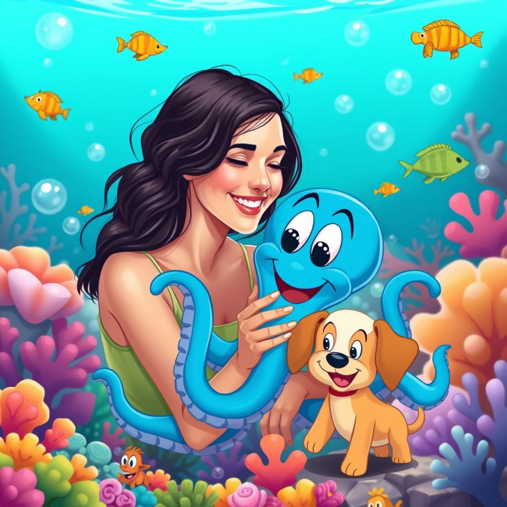 A vibrant scene depicting a young woman in a whimsical underwater world inspired by the cartoon Oswald the Octopus