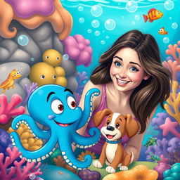 A vibrant scene depicting a young woman in a whimsical underwater world inspired by the cartoon Oswald the Octopus
