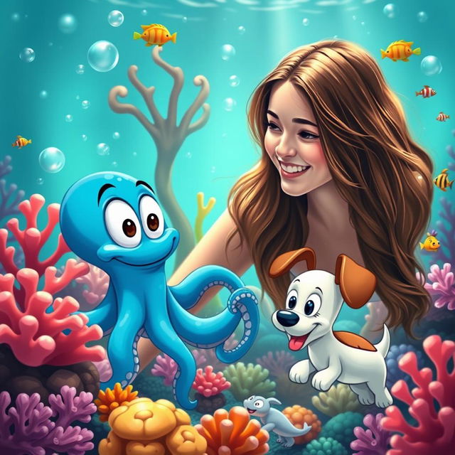 A vibrant scene depicting a young woman in a whimsical underwater world inspired by the cartoon Oswald the Octopus