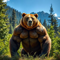 A strong, powerful bear named Hussain, standing tall in a lush forest surrounded by vibrant greenery, sunlight filtering through the trees