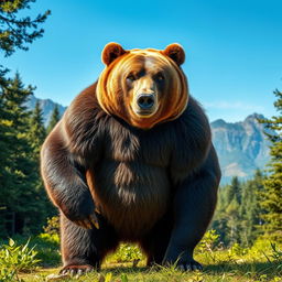 A strong, powerful bear named Hussain, standing tall in a lush forest surrounded by vibrant greenery, sunlight filtering through the trees
