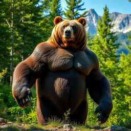 A strong, powerful bear named Hussain, standing tall in a lush forest surrounded by vibrant greenery, sunlight filtering through the trees