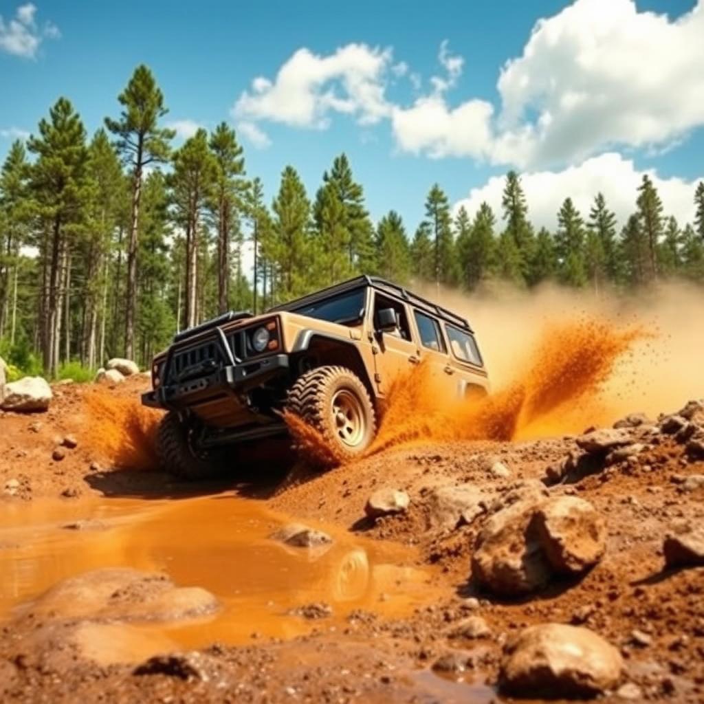 A vibrant off-road scene showcasing a rugged, muddy terrain with a powerful 4x4 vehicle splashing through puddles