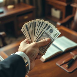 A close-up of a hand holding a stack of cash, with bills fanned out to display their details