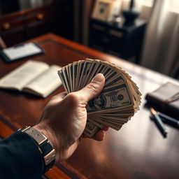 A close-up of a hand holding a stack of cash, with bills fanned out to display their details