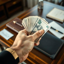 A close-up of a hand holding a stack of cash, with bills fanned out to display their details