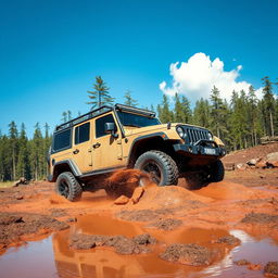 A vibrant off-road scene showcasing a rugged, muddy terrain with a powerful 4x4 vehicle splashing through puddles