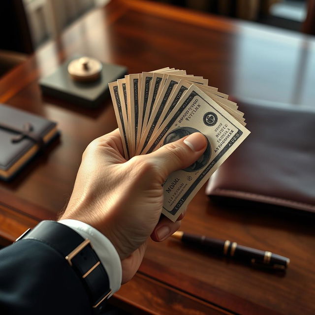 A close-up of a hand holding a stack of cash, with bills fanned out to display their details