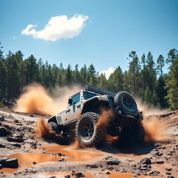 A vibrant off-road scene showcasing a rugged, muddy terrain with a powerful 4x4 vehicle splashing through puddles