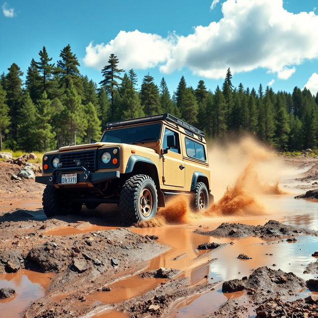 A vibrant off-road scene showcasing a rugged, muddy terrain with a powerful 4x4 vehicle splashing through puddles