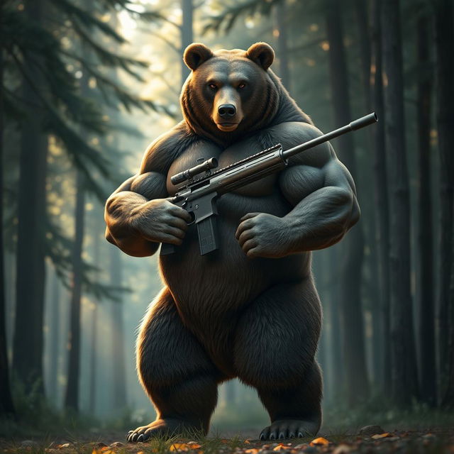 A powerful, muscular bear standing upright, showcasing impressive muscle definition, holding a sniper rifle confidently