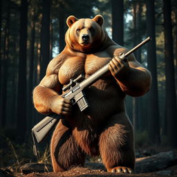 A powerful, muscular bear standing upright, showcasing impressive muscle definition, holding a sniper rifle confidently