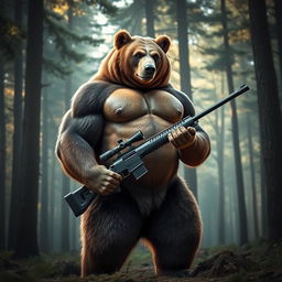 A powerful, muscular bear standing upright, showcasing impressive muscle definition, holding a sniper rifle confidently