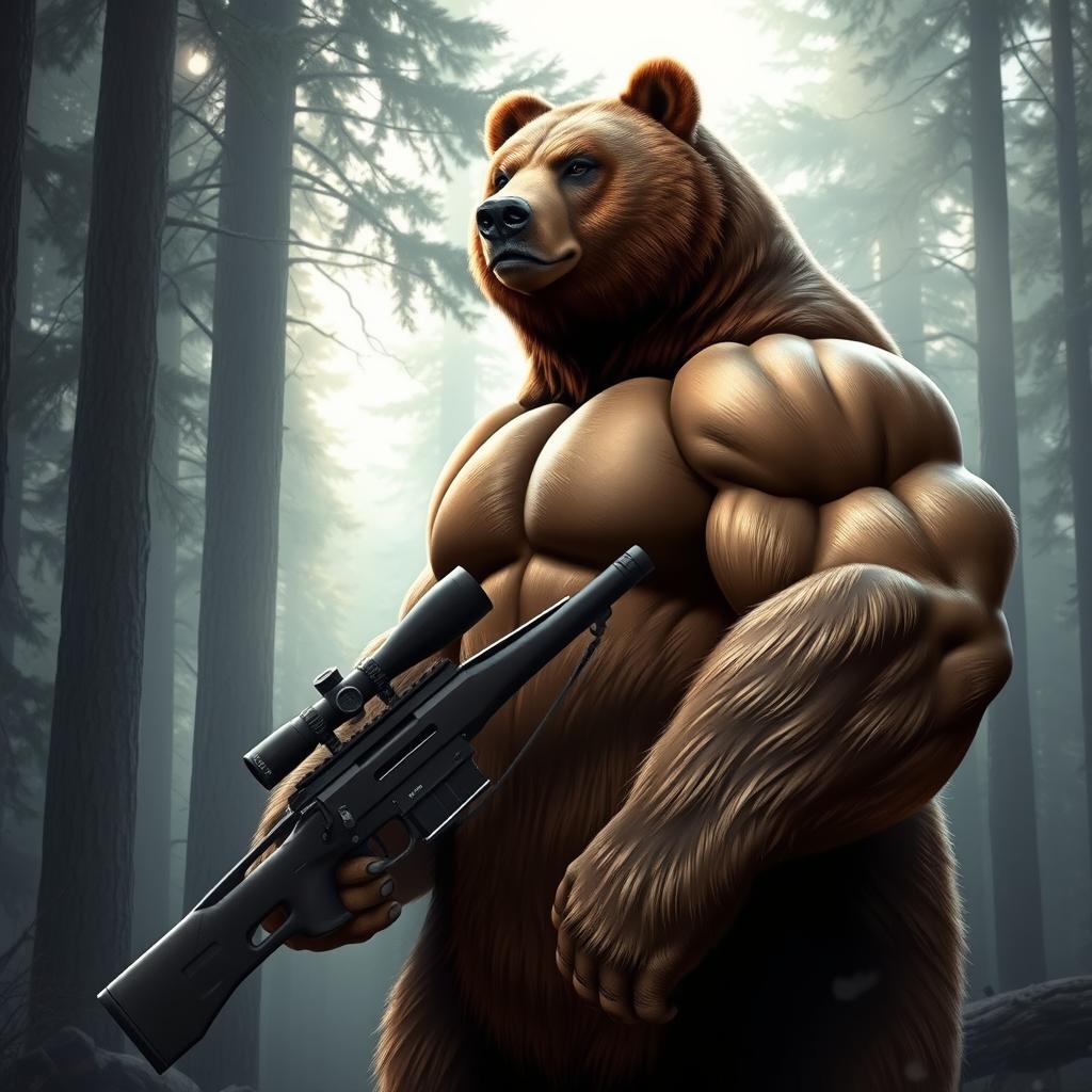 A powerful, muscular bear standing upright, showcasing impressive muscle definition, holding a sniper rifle confidently