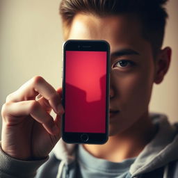 A close-up portrait of a person holding a smartphone in front of their face, with their features slightly obscured, creating a sense of mystery