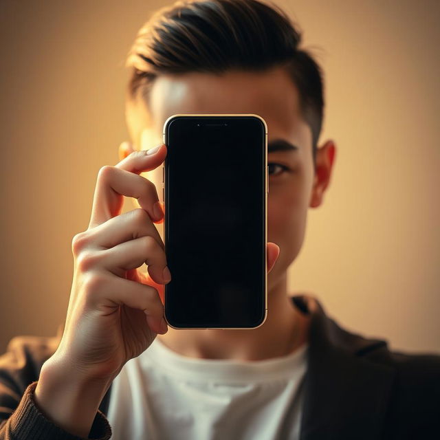 A close-up portrait of a person holding a smartphone in front of their face, with their features slightly obscured, creating a sense of mystery