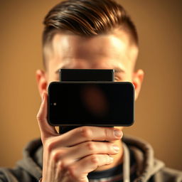 A close-up portrait of a person holding a smartphone in front of their face, with their features slightly obscured, creating a sense of mystery