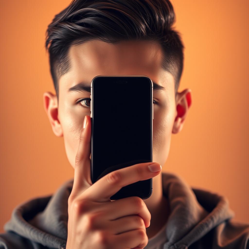 A close-up portrait of a person holding a smartphone in front of their face, with their features slightly obscured, creating a sense of mystery