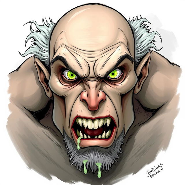 A massive, ghoul-like figure, bald with light gray hair on the sides of his head