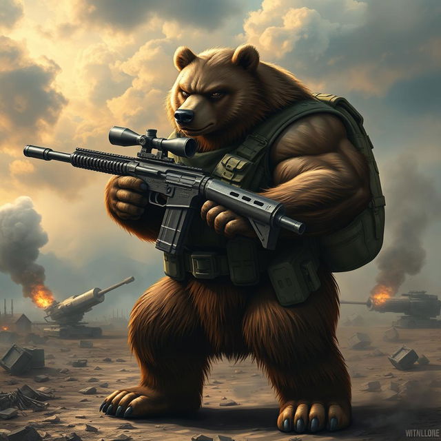 A strong, muscular bear wielding a large sniper rifle, dressed in tactical military gear, standing confidently amidst a war-torn landscape