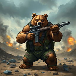 A strong, muscular bear wielding a large sniper rifle, dressed in tactical military gear, standing confidently amidst a war-torn landscape