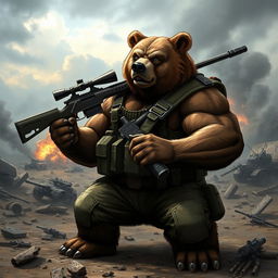 A strong, muscular bear wielding a large sniper rifle, dressed in tactical military gear, standing confidently amidst a war-torn landscape