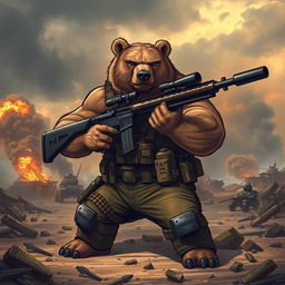 A strong, muscular bear wielding a large sniper rifle, dressed in tactical military gear, standing confidently amidst a war-torn landscape