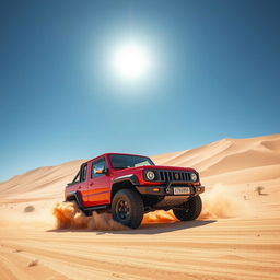 A vibrant and dynamic 4x4 vehicle driving through an expansive desert landscape, with tall sand dunes in the background, a clear blue sky, and the sun shining brightly overhead