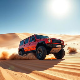 A vibrant and dynamic 4x4 vehicle driving through an expansive desert landscape, with tall sand dunes in the background, a clear blue sky, and the sun shining brightly overhead