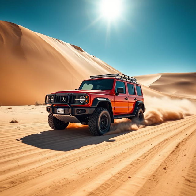 A vibrant and dynamic 4x4 vehicle driving through an expansive desert landscape, with tall sand dunes in the background, a clear blue sky, and the sun shining brightly overhead