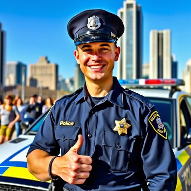 A happy police officer smiling brightly while standing proudly in front of a police car