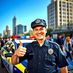 A happy police officer smiling brightly while standing proudly in front of a police car