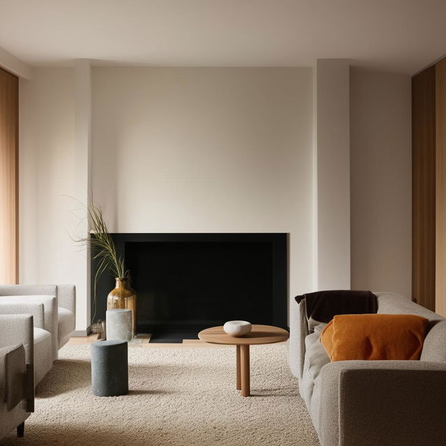 A cosy, minimalistic living room featuring few but essential pieces of furniture with calm subtle tones.