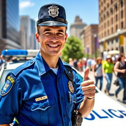 A happy police officer smiling brightly while standing proudly in front of a police car