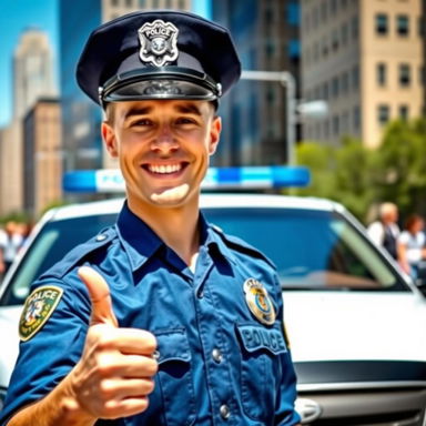 A happy police officer smiling brightly while standing proudly in front of a police car
