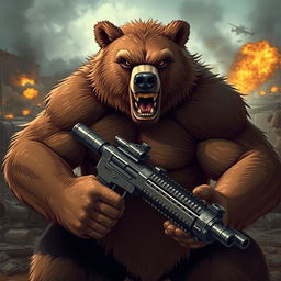A powerful and muscular bear, exuding an intense and angry expression, holding a large sniper rifle in a war-torn environment