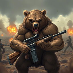 A powerful and muscular bear, exuding an intense and angry expression, holding a large sniper rifle in a war-torn environment