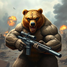A powerful and muscular bear, exuding an intense and angry expression, holding a large sniper rifle in a war-torn environment