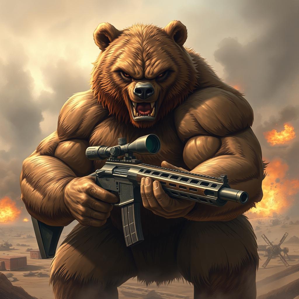 A powerful and muscular bear, exuding an intense and angry expression, holding a large sniper rifle in a war-torn environment