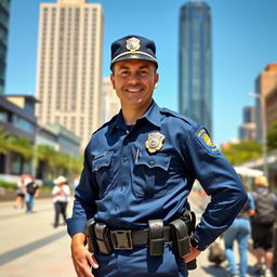 A confident police officer standing in a vibrant cityscape, wearing a crisp blue uniform with a badge, a utility belt with tools, and a cap that has the police emblem