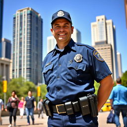 A confident police officer standing in a vibrant cityscape, wearing a crisp blue uniform with a badge, a utility belt with tools, and a cap that has the police emblem