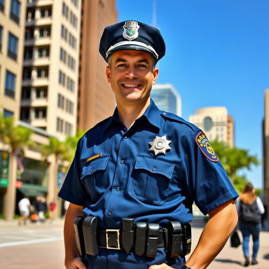 A confident police officer standing in a vibrant cityscape, wearing a crisp blue uniform with a badge, a utility belt with tools, and a cap that has the police emblem