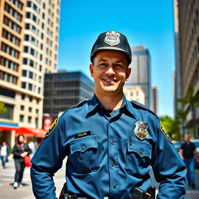 A confident police officer standing in a vibrant cityscape, wearing a crisp blue uniform with a badge, a utility belt with tools, and a cap that has the police emblem