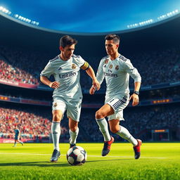 An imaginative scene depicting Lionel Messi and Cristiano Ronaldo playing together in a Real Madrid football kit